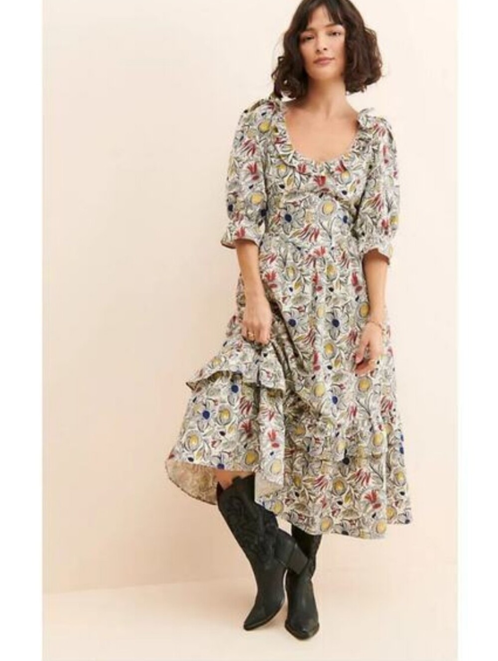 Meadows Sycamore Midi Dress 2 Ruffle Tiered Floral Boho Artsy Puff Sleeve Retro